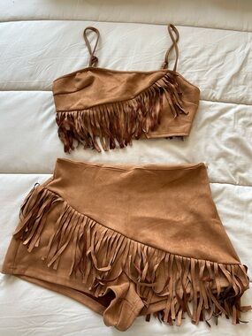 Cow girl Fringed Suede-Look Mini Skirt and top  in Tan
